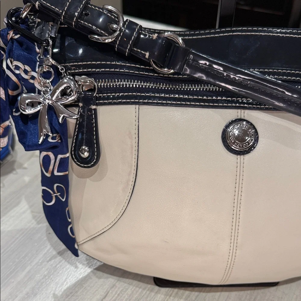 Coach Beige and Patent Dark Navy Shoulder Bag